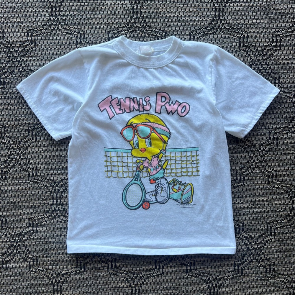 Vintage Tweety Bird T-Shirt Kids Large White Tennis Cartoon Looney Tunes 80s